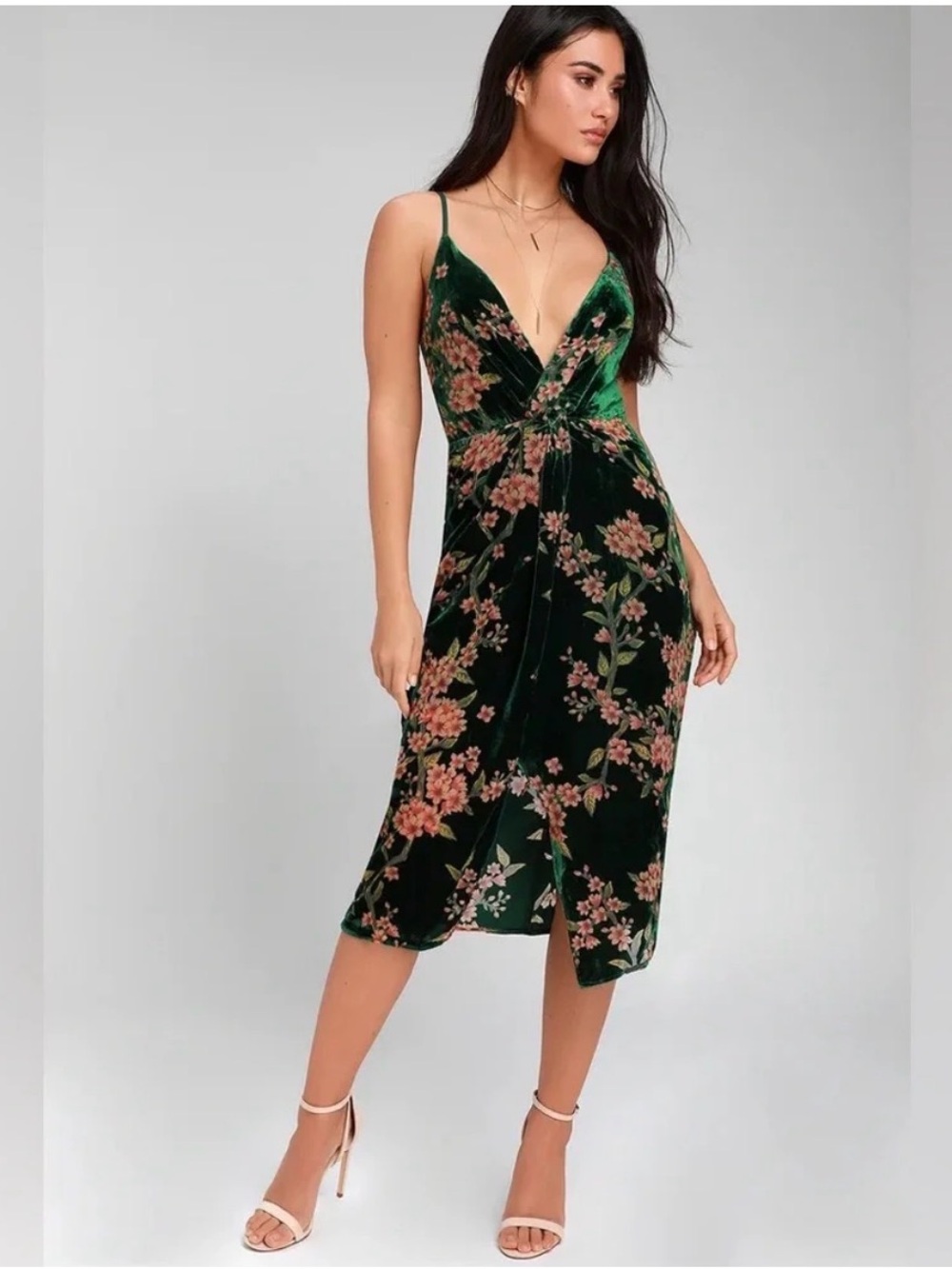 J.O.A. Adelais Green Floral Whimsy Faity Burnt Velvet Wrap Midi Dress